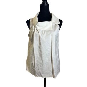 Beau Jours Sleeveless Top Statement Collar Pleated‎ Front Casual Blouse White